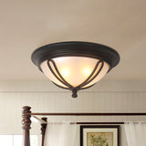 Antique Milk Glass Flush Mount Light With Metal Cage Frame - Black Finish 4 Bulb Lamp
