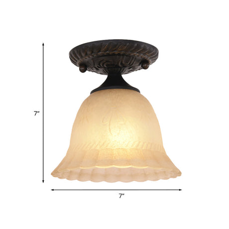 Rustic Ribbed Glass Bell Semi Flush Light With 1-Bulb Black Finish