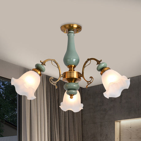 Gold/Black Floral Semi Mount Opal Glass Ceiling Lamp With 3/5 Traditional Lighting Heads - Perfect