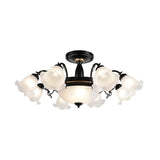 Floral Opal Glass Semi Flush Lighting - Farmhouse White/Black Finish For Living Room Ceiling