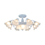 Floral Opal Glass Semi Flush Lighting - Farmhouse White/Black Finish For Living Room Ceiling