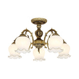 Frosted Glass Bronze Semi Flush Ceiling Lamp With Flower Design - 3/5/6-Bulb Antique Lighting