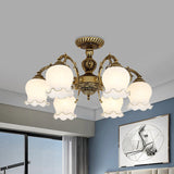 Frosted Glass Bronze Semi Flush Ceiling Lamp With Flower Design - 3/5/6-Bulb Antique Lighting