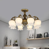 Frosted Glass Bronze Semi Flush Ceiling Lamp With Flower Design - 3/5/6-Bulb Antique Lighting