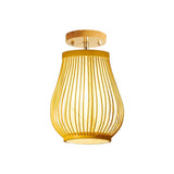 Asia 1-Head Ceiling Mounted Wood Pear/Globe Light Fixture With Bamboo Cage And Shade
