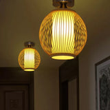 Asia 1-Head Ceiling Mounted Wood Pear/Globe Light Fixture With Bamboo Cage And Shade / A