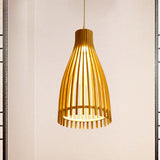 Japanese Conical Bamboo Strip Pendant Lamp - Natural Beige Hanging Ceiling Light For Tea House
