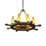 Coastal Wood Rudder Pendant Light Kit With Yellow Crackle Glass Shade - 8-Light Chandelier For
