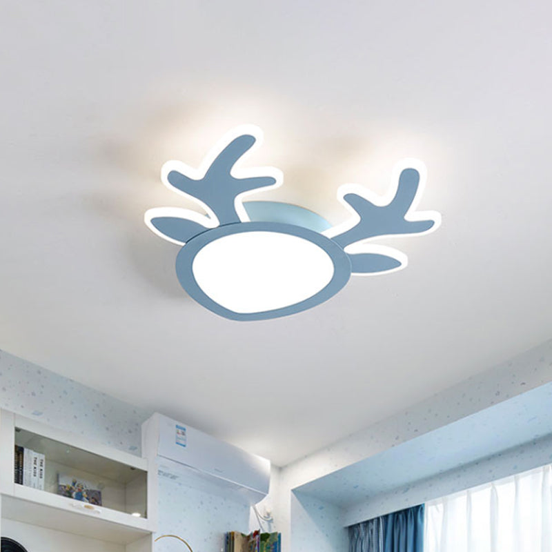 Macaroon Pink/Blue Led Childrens Bedroom Ceiling Light - Antler Iron Flush Mount Lamp Blue