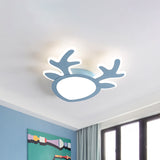Macaroon Pink/Blue Led Childrens Bedroom Ceiling Light - Antler Iron Flush Mount Lamp