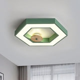 Hexagon Frame Metallic Led Macaron Flush Mount Ceiling Lighting In Green/Grey/Black And Wood For