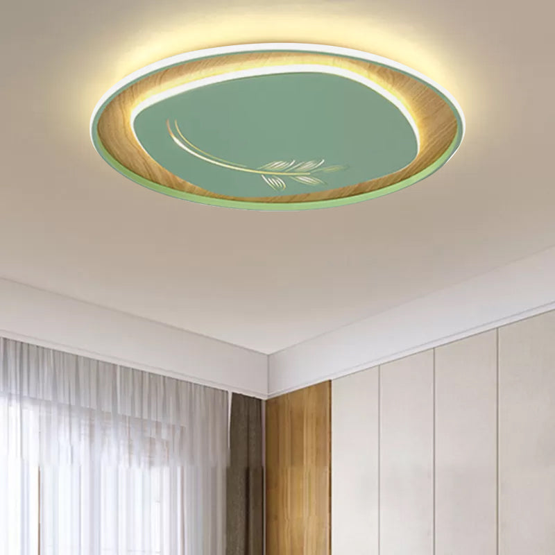 Modern Metal Arc Square Flush Light With Led Black/Grey/Green Ceiling Round Wood Canopy - 16/19.5