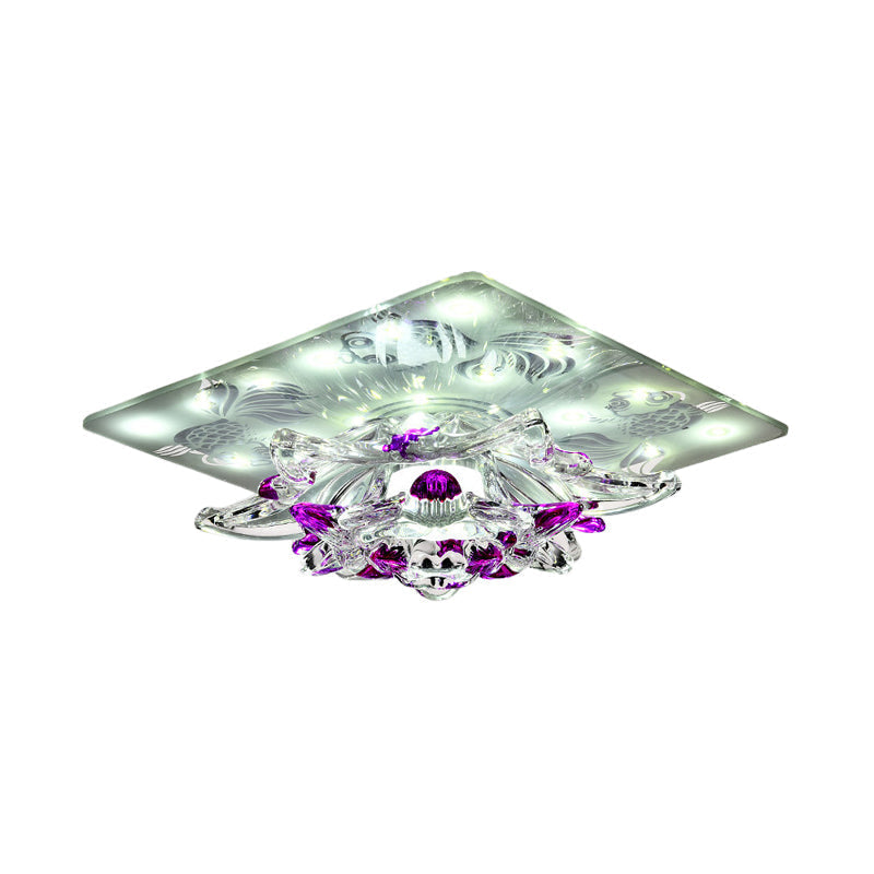 Minimal Clear Crystal Led Flush-Mount Porch Ceiling Lamp In Rose Red With Warm/White Light