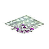 Minimal Clear Crystal Led Flush-Mount Porch Ceiling Lamp In Rose Red With Warm/White Light