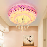 Modern Led Crystal Flush Mount Ceiling Light With Pink Drum Shade Perfect For Living Rooms