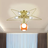 Modern Semi-Flush Mount Ceiling Lamp - 6 Bulbs Metal Shade White/Red Star Design Bedroom Lighting