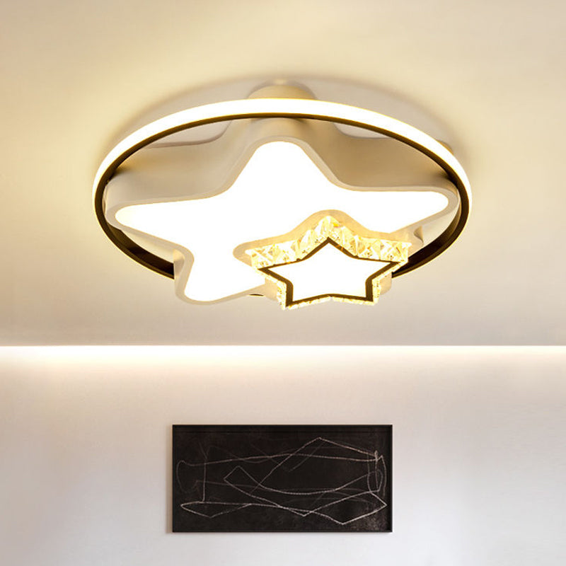Childrens Square/Star/Heart Led Flush Mount Ceiling Light In Black-White With Crystal Accents / Star