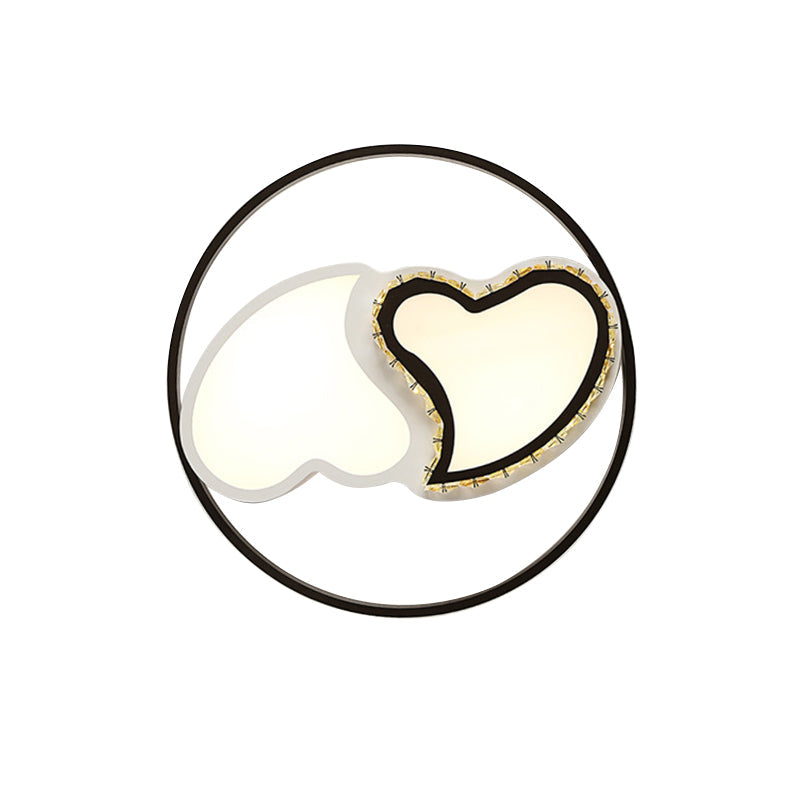 Childrens Square/Star/Heart Led Flush Mount Ceiling Light In Black-White With Crystal Accents