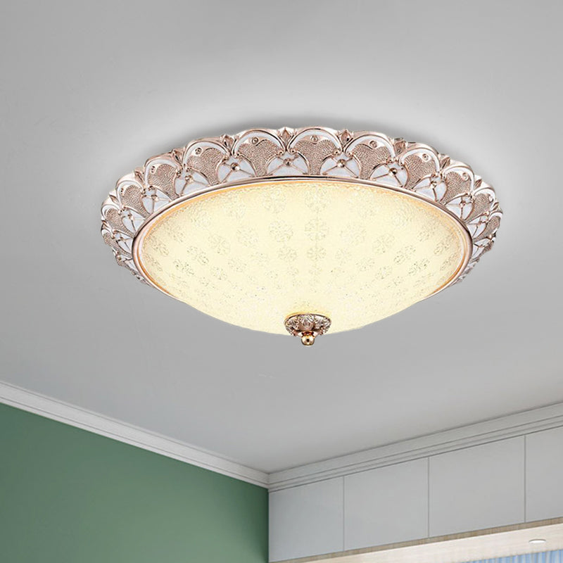 Traditional White Glass Led Flush Mount With Carved Trim Bowl-Shaped Bedroom Beige Flushmount