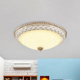 Traditional White Glass Led Flush Mount With Carved Trim Bowl-Shaped Bedroom Beige Flushmount