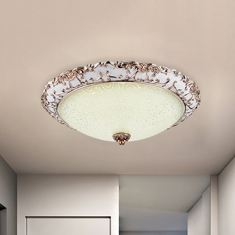 Traditional White Glass Led Flush Mount With Carved Trim Bowl-Shaped Bedroom Beige Flushmount
