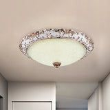 Traditional White Glass Led Flush Mount With Carved Trim Bowl-Shaped Bedroom Beige Flushmount