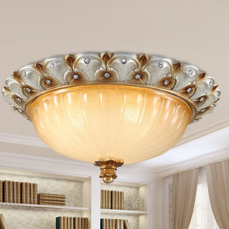 Traditionalist Yellow Glass Flush Mount Light Fixture - Bronze/White 3-Bulb Flushmount For Living