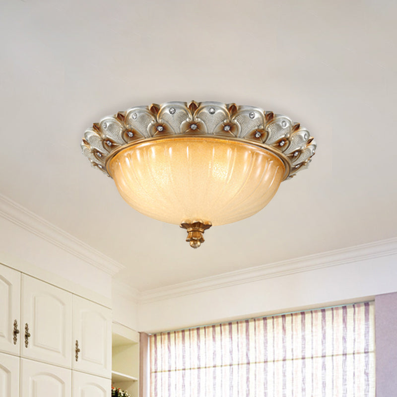 Traditionalist Yellow Glass Flush Mount Light Fixture - Bronze/White 3-Bulb Flushmount For Living