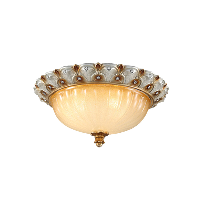 Traditionalist Yellow Glass Flush Mount Light Fixture - Bronze/White 3-Bulb Flushmount For Living