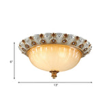 Traditionalist Yellow Glass Flush Mount Light Fixture - Bronze/White 3-Bulb Flushmount For Living