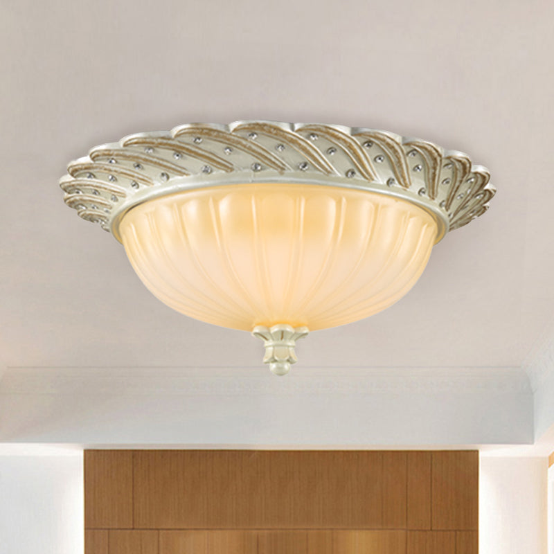 Traditionalist Yellow Glass Flush Mount Light Fixture - Bronze/White 3-Bulb Flushmount For Living