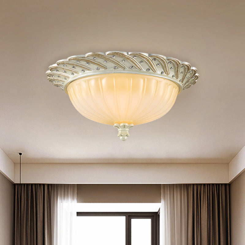 Traditionalist Yellow Glass Flush Mount Light Fixture - Bronze/White 3-Bulb Flushmount For Living