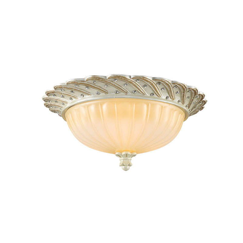 Traditionalist Yellow Glass Flush Mount Light Fixture - Bronze/White 3-Bulb Flushmount For Living