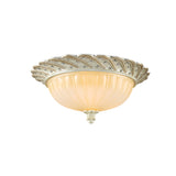 Traditionalist Yellow Glass Flush Mount Light Fixture - Bronze/White 3-Bulb Flushmount For Living