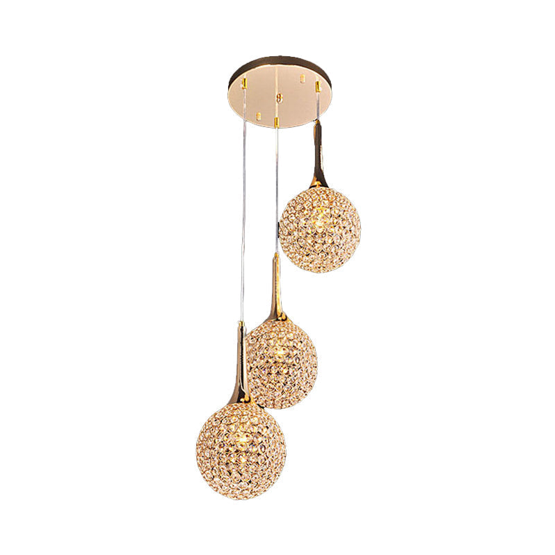 Simple Gold Dining Room Pendant With Crystal-Encrusted Globe Shade - 3/8 Heads Multi Light Kit