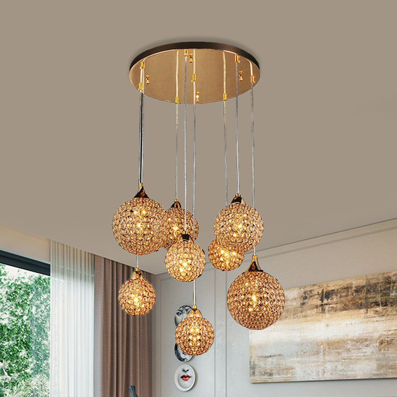 Simple Gold Dining Room Pendant With Crystal-Encrusted Globe Shade - 3/8 Heads Multi Light Kit