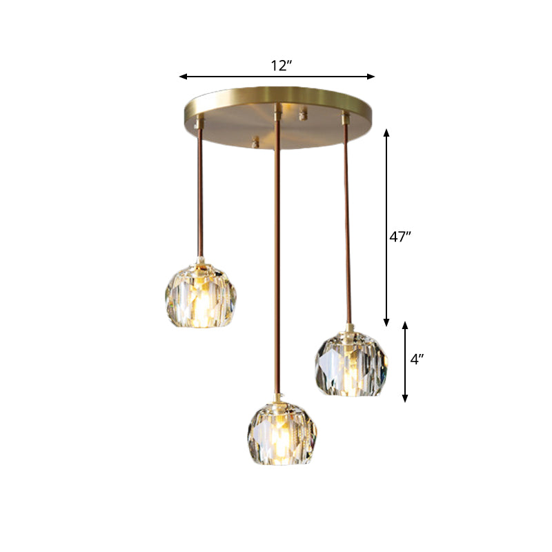 Contemporary Gold Crystal Pendant Light With 3 Heads - Stunning Cluster Design Domed Hanging Lamp