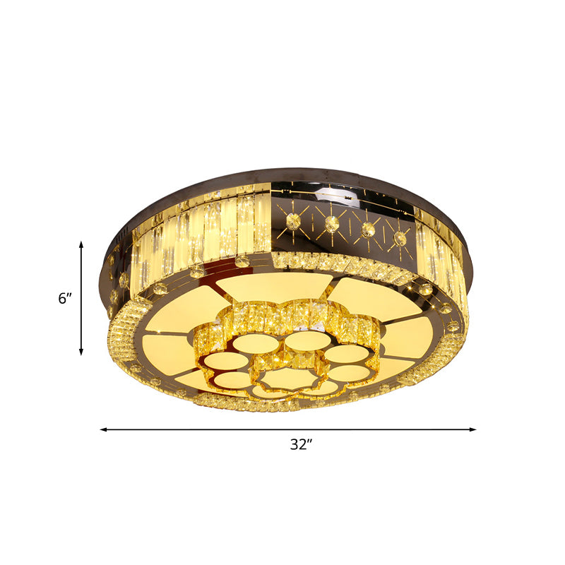 Led Drum Shade Flush Mount Lamp With Chrome Crystal Blocks - Modern Style Ceiling Fixture For Living