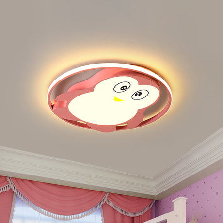 Penguin Led Acrylic Flushmount Ceiling Fixture For Kids Bedroom - Pink/Blue Finish Pink