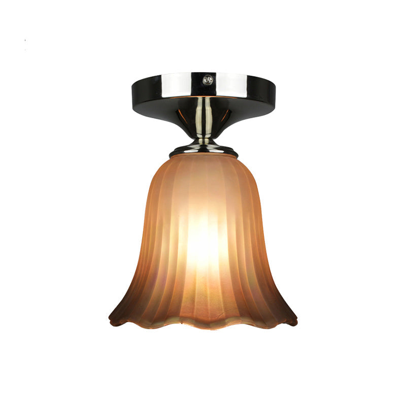 Traditional Tan Glass Flower Flushmount Foyer Lighting Fixture - 1 Bulb Flush Mount