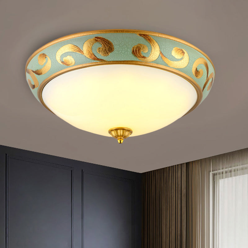 Rustic Gold Milk Glass Flush Light Fixture For Bedroom - 3-Light Dome Ceiling Mount