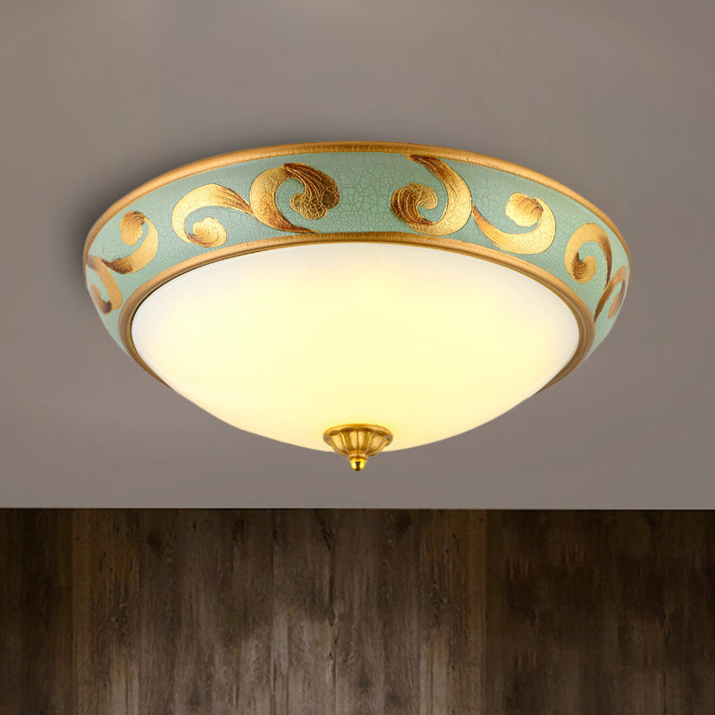 Rustic Gold Milk Glass Flush Light Fixture For Bedroom - 3-Light Dome Ceiling Mount