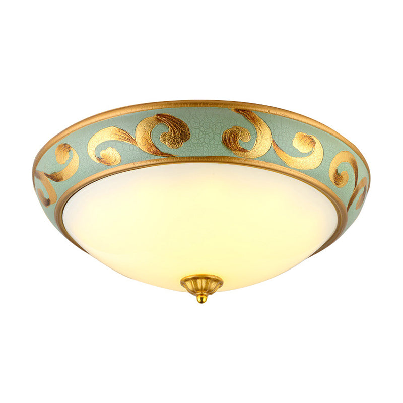 Rustic Gold Milk Glass Flush Light Fixture For Bedroom - 3-Light Dome Ceiling Mount