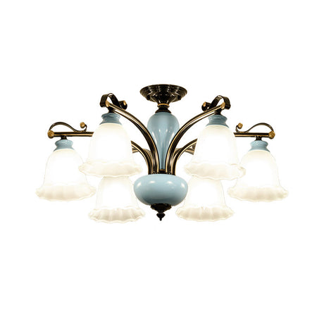 Traditional Flower White Glass Semi-Flush Ceiling Light - Bedroom Lamp (6/8 Heads)