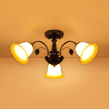 Bronze Countryside Blossom Ceiling Mount Light Fixture With Frosted Glass For Bedroom - 3/5 Lights