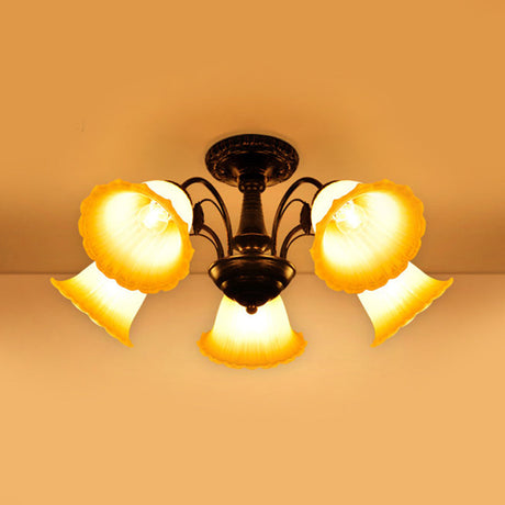 Bronze Countryside Blossom Ceiling Mount Light Fixture With Frosted Glass For Bedroom - 3/5 Lights