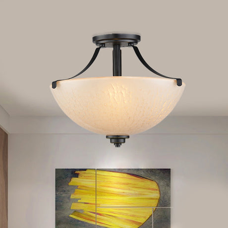 Rustic 2-Head Frosted Glass Ceiling Light For Kitchen - Rural Dome Semi-Flush Mount In Black