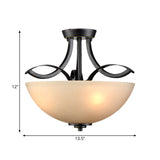 Rustic Frosted Glass Ceiling Light: Black Semi Flush 3-Bulb Bowl For Bedroom
