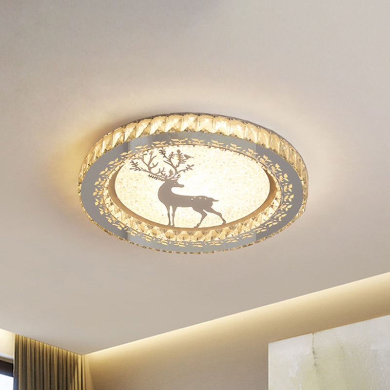 Simplicity Etched Deer/Flower Led Flushmount Light: Rectangular-Cut Crystal Ceiling Mount In Nickel