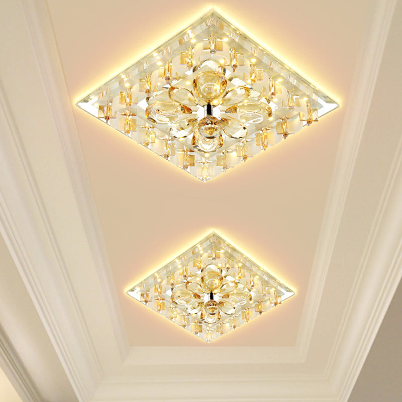 Contemporary Amber Crystal Led Flush Light For Hallway With Warm/White / White